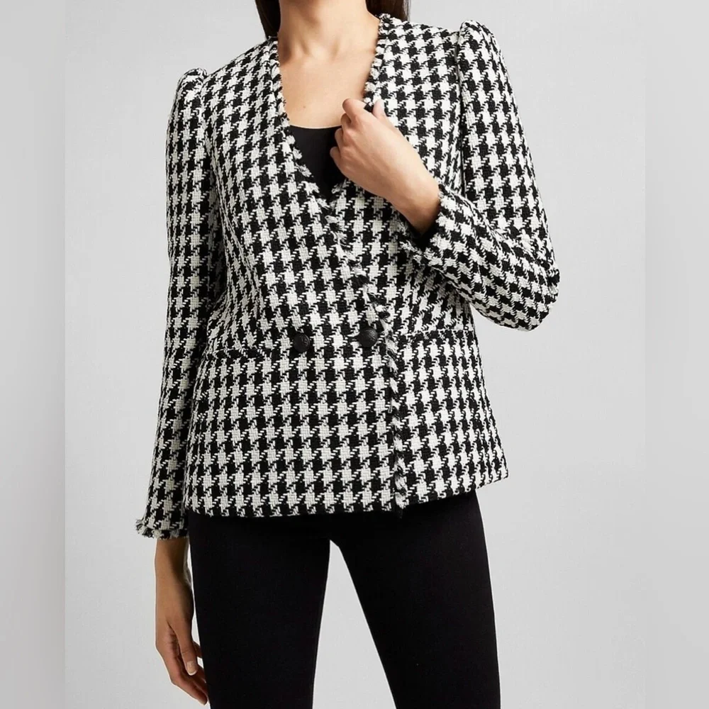 Express Black and White Houndstooth Double Breasted Tweed Blazer Size Medium